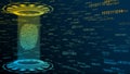 Abstract 3D graphic illustration on multicolor digital background - shining light beam in cylinder shape with floating fingerprint