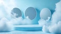 Abstract 3D Illustration of a Blue Platform with Clouds and Three Circular Windows Royalty Free Stock Photo