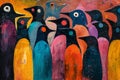 Abstract 3D illustration of a crowd of penguins in a vibrant and dynamic scene