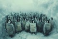 Abstract 3D illustration of a crowd of penguins in a vibrant and dynamic scene