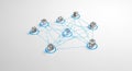 Abstract 3D illustration of interconnected data nodes and server network with blue lines on white background representing digital Royalty Free Stock Photo