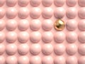 Abstract 3d render image of one golden ball among pink plast spheres. Concept of leadership, success, and difference.