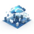 Abstract 3d isometric view of cloud computing infrastructure with servers and monitors on a blue grid Royalty Free Stock Photo