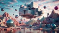 Abstract 3D Landscape with Floating Cube and Spheres