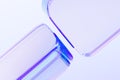 Abstract 3d macro background with crystal glass holographic transparent cube blocks render. Purple blue square plate