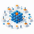 Abstract 3d network of blue cubes and connected platforms Royalty Free Stock Photo