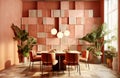 Abstract 3d panel wall with geometric mosaic shapes. Interior design of modern dining room. Created with generative AI