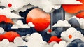 Abstract 3D background with paper clouds circles stripes in red white blue