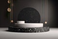 Abstract 3d podium for product presentation with geometric shapes, Black pastel backdrop wall, terrazzo podium, AI Generative