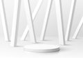 Abstract 3D realistic white, gray cylinder pedestal podium with overlap vertical cube pillars background. Minimal wall scene for Royalty Free Stock Photo