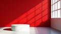 Abstract 3D red room with white cylinder pedestal. stand podium in hearth shape window Generative AI Royalty Free Stock Photo