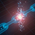 An abstract 3D render of a broken digital wireframe chain exploding into binary code, symbolizing a data breach or system failure. Royalty Free Stock Photo