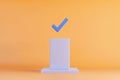 Abstract 3D Render Check Mark above Platform Pastel Colors Minimalist Design Success Concept