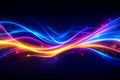 Abstract 3D render of colorful neon light waves with glowing particles on dark blue background Royalty Free Stock Photo