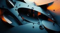 Abstract 3D Render of Dark Blue and Orange Metallic Shapes with Water Drops Royalty Free Stock Photo