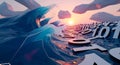 Abstract Digital Sea Waves with Binary Code at Sunset Royalty Free Stock Photo