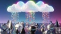Abstract Digital Cloud Dropping Colorful Cubes and Geometric Shapes, Data Metaverse Concept Royalty Free Stock Photo