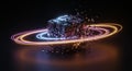 Abstract 3D Render of Exploding Neon Cube with Glowing Rings Royalty Free Stock Photo