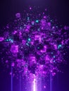 Abstract 3D Render of Exploding Purple and Teal Cubes with Light Trails particles Royalty Free Stock Photo