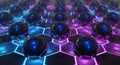 Futuristic Dark Spheres on Hexagonal Grid with Neon Glow - Abstract Tech Background Royalty Free Stock Photo