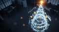 Abstract 3D render of a glowing corporate Christmas tree visualization created from interconnected financial graph structures and Royalty Free Stock Photo