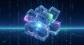 Abstract 3D render of glowing digital cubes with data streams and binary code, representing technology and AI Royalty Free Stock Photo