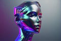 Abstract 3D render illustration of holographic human face in the wall, robotic head made of glossy iridescent material. Artificial