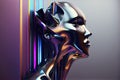 Abstract 3D render illustration of holographic human face in the wall, robotic head made of glossy iridescent material. Artificial