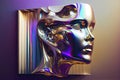 Abstract 3D render illustration of holographic human face in the wall, robotic head made of glossy iridescent material. Artificial