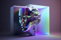 Abstract 3D render illustration of holographic human face in the wall, robotic head made of glossy iridescent material. Artificial