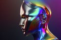 Abstract 3D render illustration of holographic human face in the wall, robotic head made of glossy iridescent material. Artificial