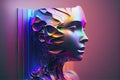 Abstract 3D render illustration of holographic human face in the wall, robotic head made of glossy iridescent material. Artificial