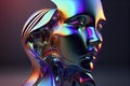 Abstract 3D render illustration of holographic human face in the wall, robotic head made of glossy iridescent material. Artificial