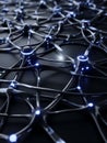 Abstract 3D render of a neural network with glowing blue nodes and dark, interconnected pathways Royalty Free Stock Photo