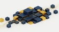Abstract composition of blue and gold cubes with sparkling particles on a clean background. Royalty Free Stock Photo