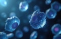 Abstract 3D render shows blue cells floating in liquid. Microscopic view of organic cellular structures. Detailed cellular Royalty Free Stock Photo