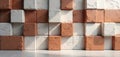 Abstract 3D render shows brown, white textured blocks. Geometric cubes form modern, clean wall design. Rough, damaged surface Royalty Free Stock Photo