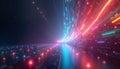 Abstract 3d render shows colorful light rays, glowing particles. Caustic effect creates dynamic visual patterns. Abstract