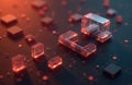 Abstract 3D render shows glowing red translucent components on a dark circuit board. Digital data flows through abstract tech Royalty Free Stock Photo