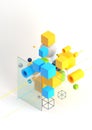 Abstract 3d render visualization background, template modern composition of geometric shapes in isometric . Cube, sphere