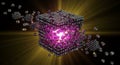 Abstract 3D rendered cube composed of multicolored smaller cubes with glowing pink center and dynamic light rays on dark Royalty Free Stock Photo