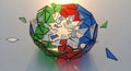 Abstract 3D rendered geometric sphere composed of colorful mosaic triangles in red blue green white with dynamic scattered Royalty Free Stock Photo