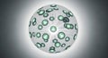 Abstract 3D rendered green sphere with interconnected circular nodes forming a radial network pattern on white background Royalty Free Stock Photo