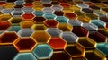 Abstract 3D Rendered Hexagonal Tile Pattern in Vibrant Rainbow Colors with Glossy Metallic Texture Royalty Free Stock Photo