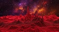 Abstract 3D Red Wireframe Landscape with Jagged Peaks Against a Cosmic Nebula Background image photo Royalty Free Stock Photo