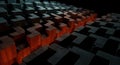 Abstract 3D rendered maze structure made of colorful cubes arranged in grid pattern with red orange and gray tones on dark Royalty Free Stock Photo