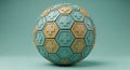 Abstract 3D rendered sphere with hexagonal pattern in light blue beige and green geometric design on a solid background Royalty Free Stock Photo