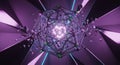 Abstract 3D rendered spherical structure with interconnected lines and glowing central light in purple blue gradient background Royalty Free Stock Photo
