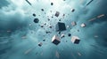 Abstract 3D rendering of chaotic particles. Flying cubes in empty space, design for poster, banner, sign,