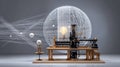 Abstract 3D Rendering of a Complex Machine with Glowing Lightbulb and Data Royalty Free Stock Photo